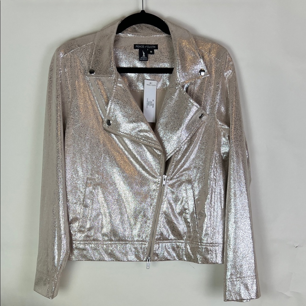 NWT Peace of Cloth Mariel Foiled Suede Moto Jacket Metallic Gold Beige Medium